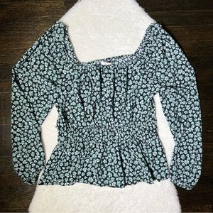 Nine West Floral Square Neck Peplum Blouse Large